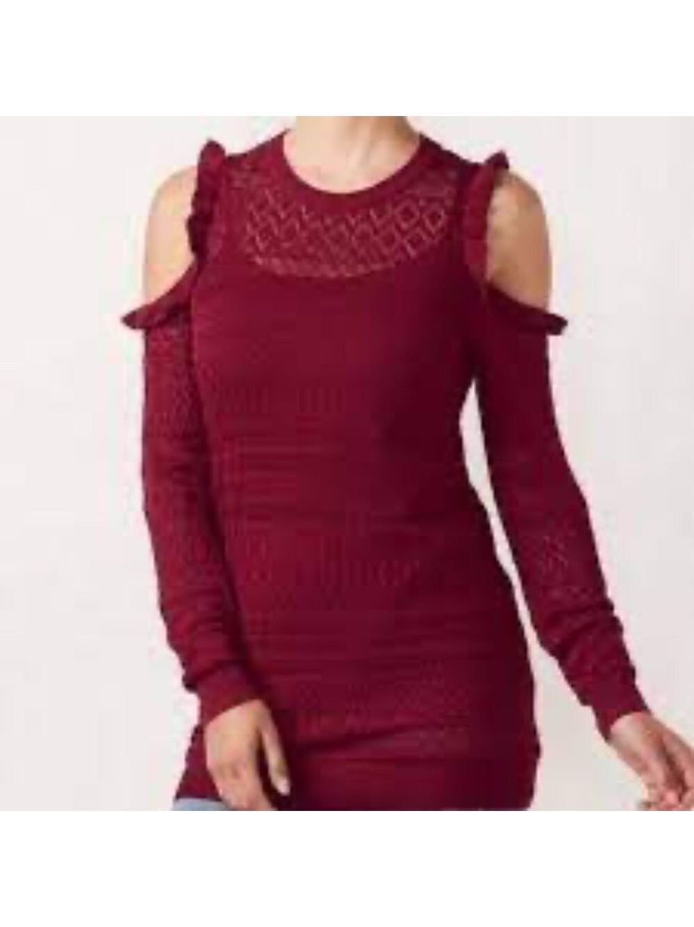 LC Lauren Conrad Ruffle Pointelle Cold-Shoulder Tunic Sweater